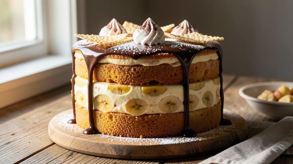 3 Layer Banana Pudding Cake Recipe: Vanilla Swirl, Chocolate Layers, and Cream Cheese Frosting Stack