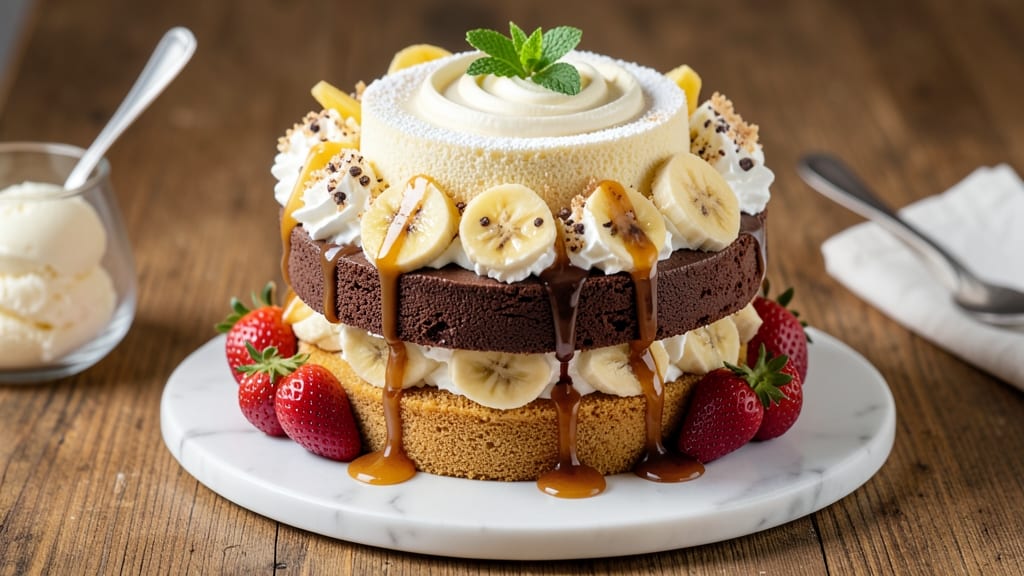 3 Layer Banana Split Cake Recipe: Vanilla, Chocolate, Strawberry Swirl Heaven